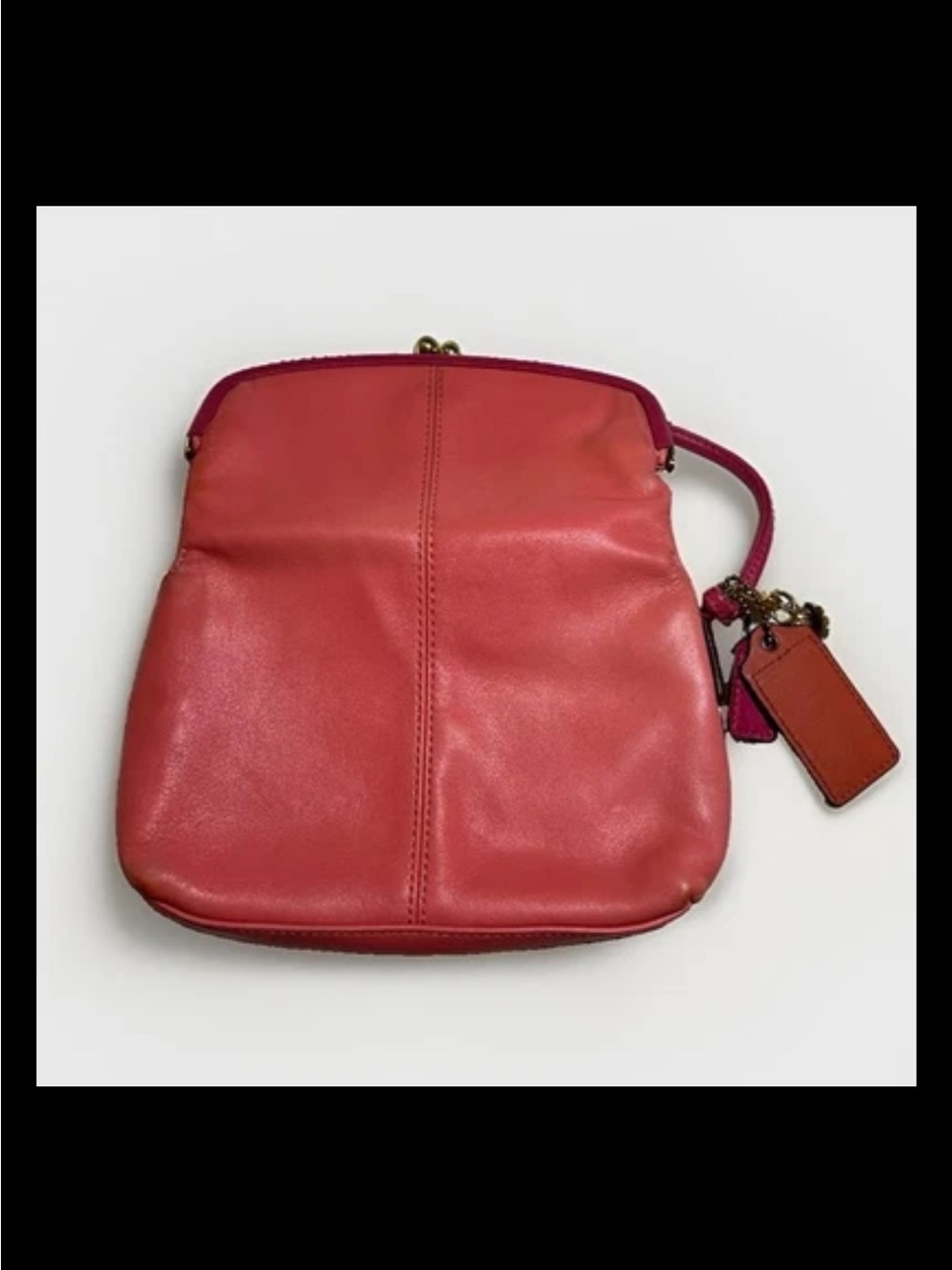 Coach Clutch/Wristlet, Foldover, Kisslock, Two-Tone Coral, Pink Leather, Brass - Picture 6 of 14